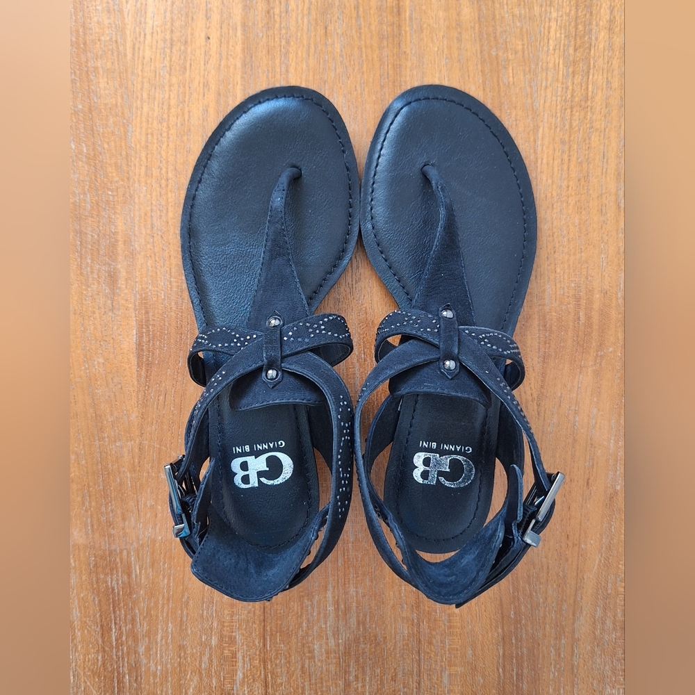 Genuine Leather T Strap Sandals Studded Embellished Nubuck Western Black 6 NEW